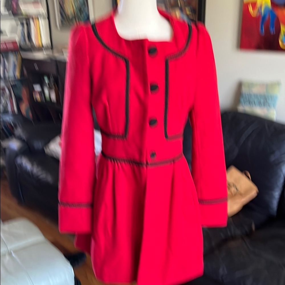 Red and Black Trench Coat with Vintage-Inspired Design